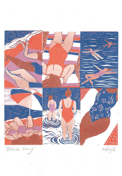 Collage of people at the beach with colorful patterns and shapes.