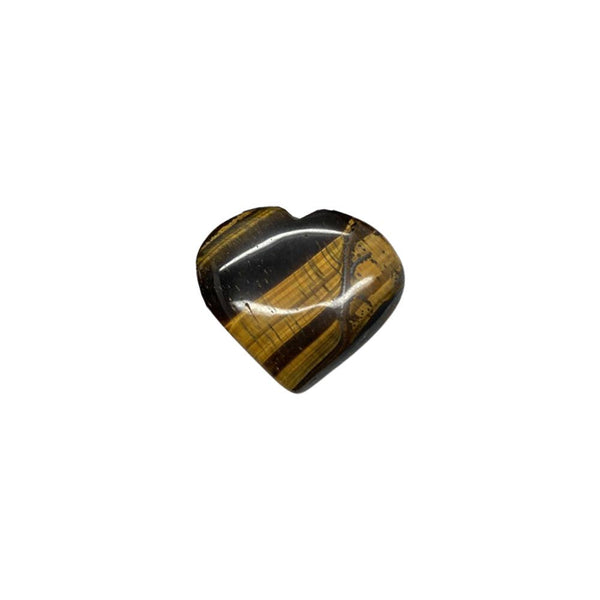 Heart-shaped tiger's eye crystal with striped pattern on a white background