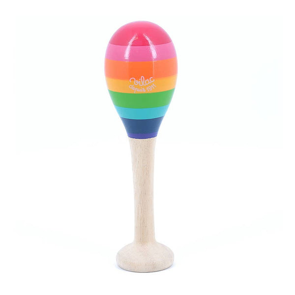 Colourful maraca with a wooden handle on a white background