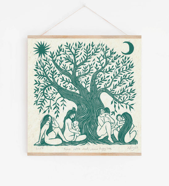 Framed artwork of a tree with people under it on a white background