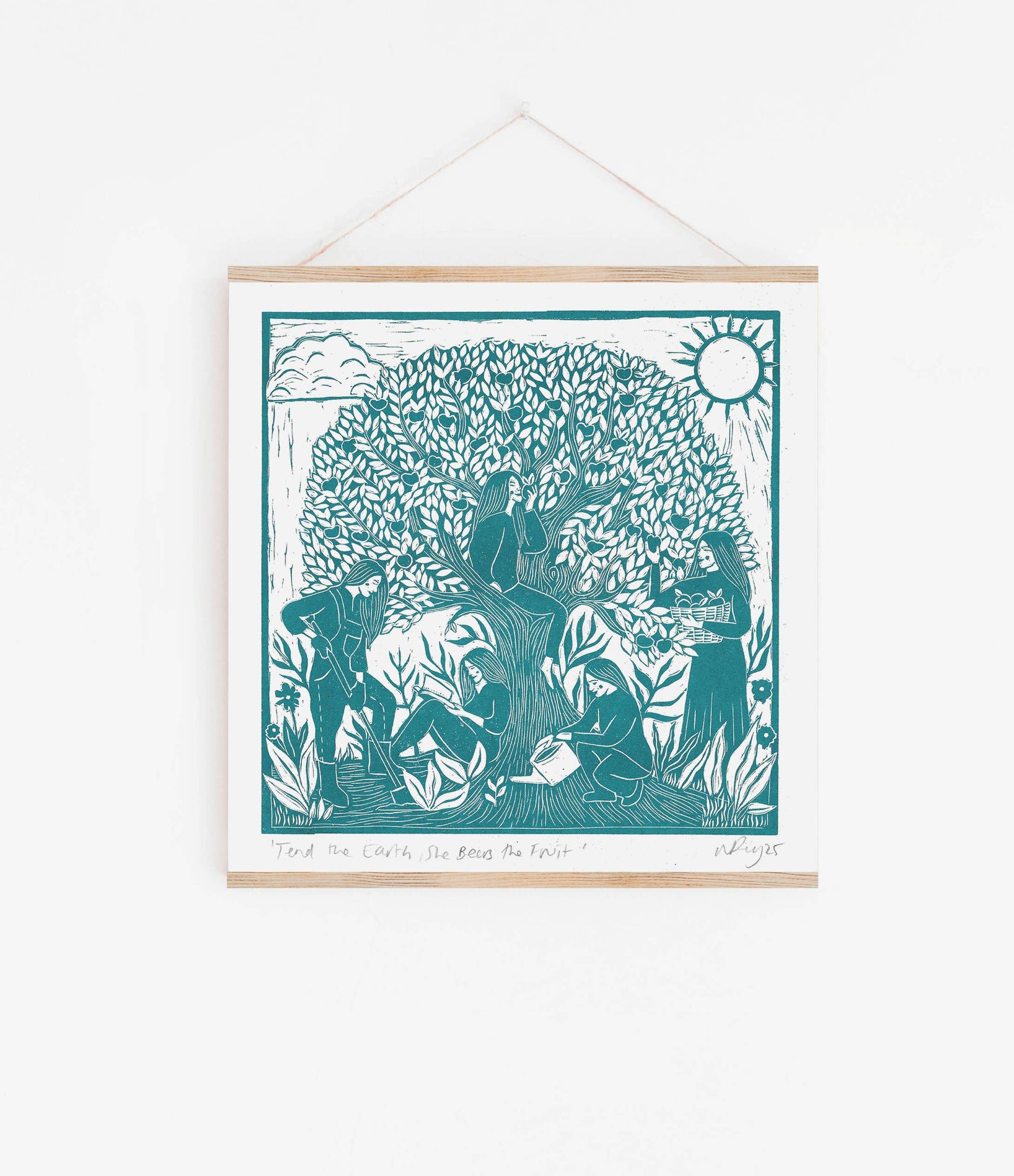 Teal illustration of people under a tree with a sun, framed on a white background