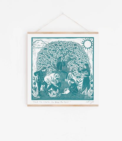 Teal illustration of people under a tree with a sun, framed on a white background
