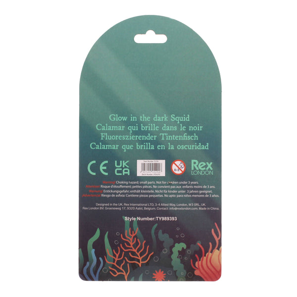 Glow in the dark squid packaging with Rex London branding on a white background