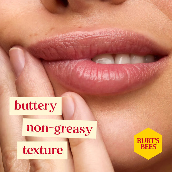 Close-up of lips with text 'buttery non-greasy texture' and Burt's Bees logo.
