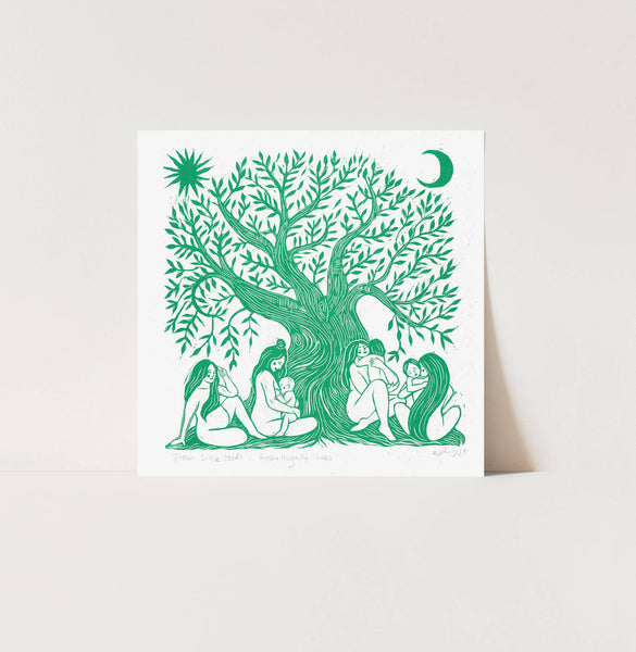 Illustration of people sitting under a tree with green leaves on a white background