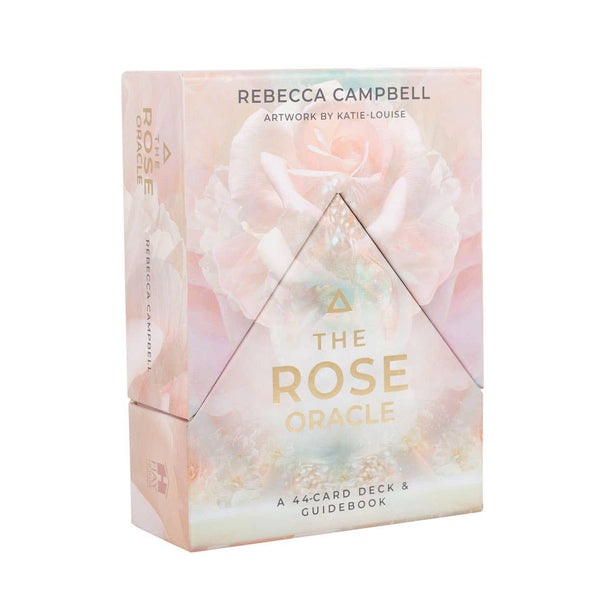 The Rose Oracle card deck packaging with floral design and Rebecca Campbell branding.