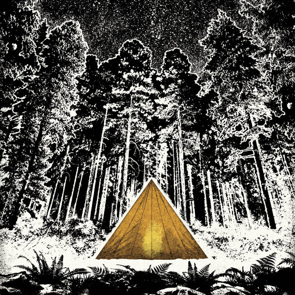 Illustration detail of a triangular tent illuminated in a dense forest at night