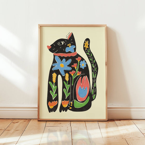 Framed artwork of a colourful cat with flowers on a beige background