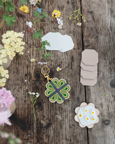 Decorative flower press keychain on a wooden surface with flowers