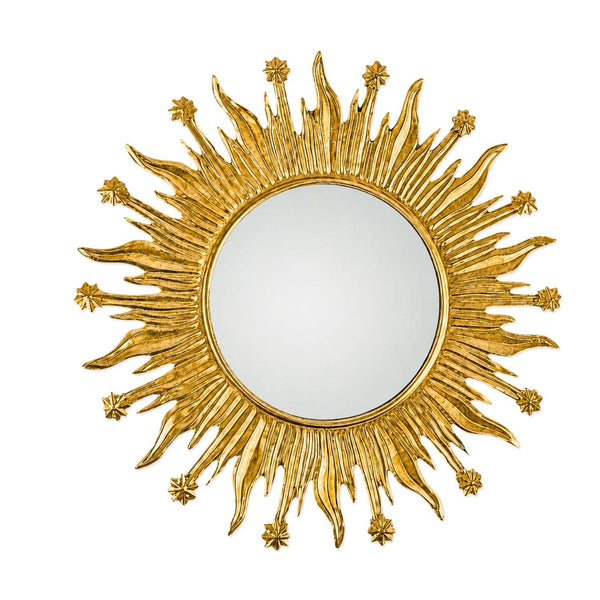 A decorative gold sunburst wall mirror with textured, flame-like rays and small star details around the edge, shown against a plain white background.
