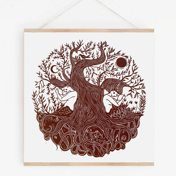 Woodcut illustration of a tree with people and animals, framed on a white background.