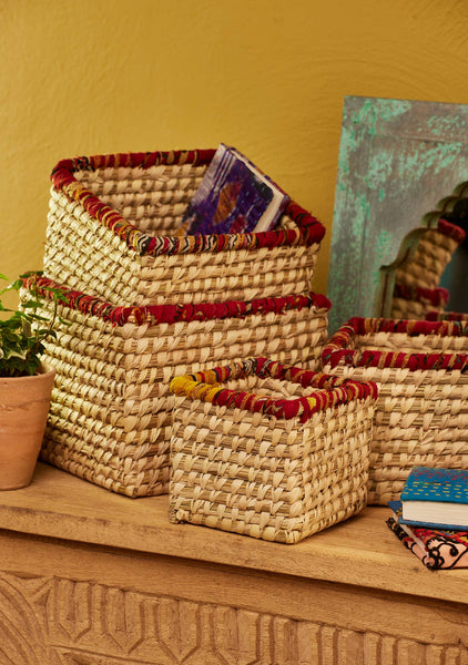 X Small Recycled Sari & Seagrass Basket
