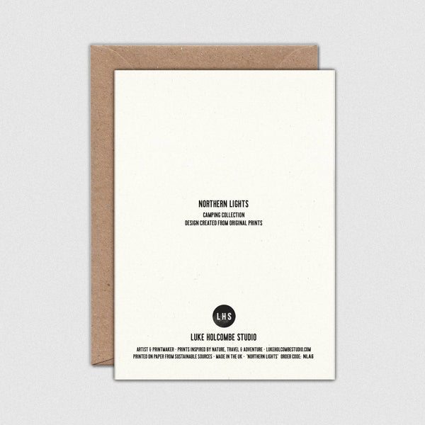 The back of a greeting card from Luke Holcombe Studio featuring the text 'NORTHERN LIGHTS CAMPING COLLECTION'.