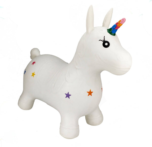 White unicorn hopper toy with colourful stars and a rainbow horn on a white background