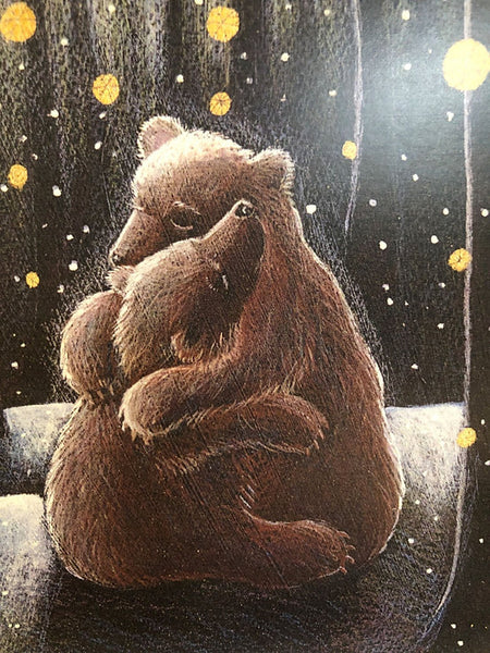 Two bears hugging on a dark background with star-like dots