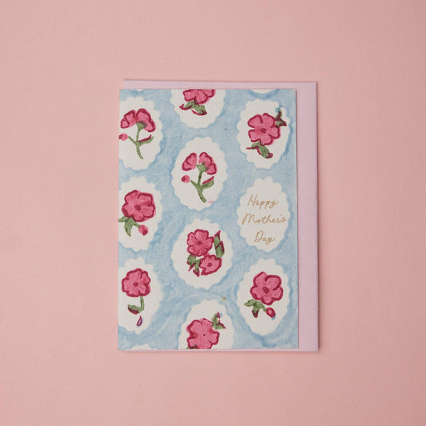 Pink Floral Mother's Day Hand Block Printed Greeting Card - Paper Mirchi