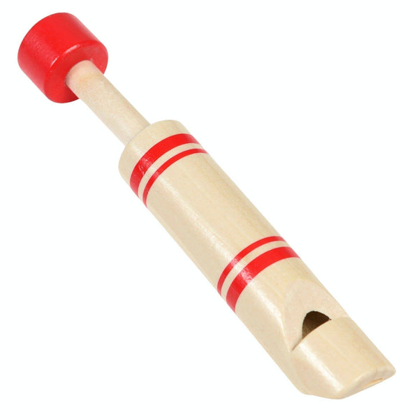Wooden whistle with red accents on a white background