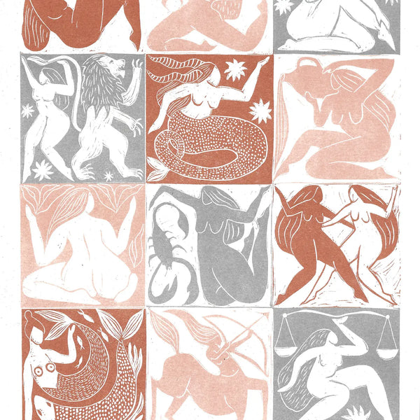 Pattern of stylized figures in a grid layout with a limited color palette.