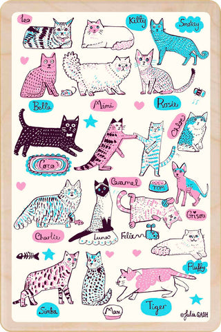 Illustrations of various cats with names on a wooden postcard