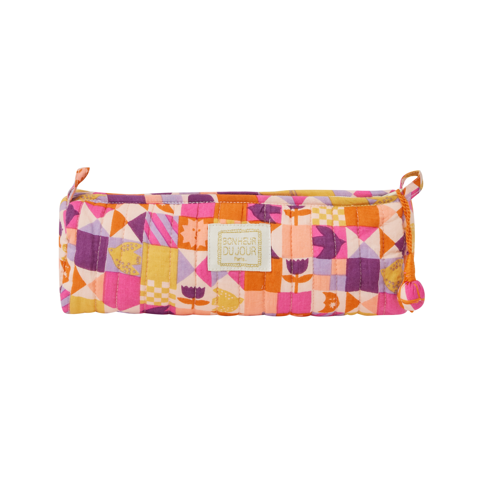Colorful quilted pencil case with geometric pattern on a white background