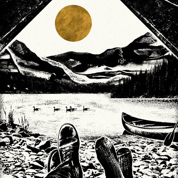 Black and white illustration of a lake with mountains, a canoe, and feet on a beach, featuring a gold sun.