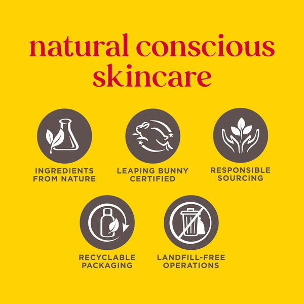 Promotional graphic for 'natural conscious skincare' with icons and text on a yellow background.