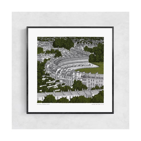 Framed artwork of a detailed architectural scene featuring the Royal crescent in Bath on a white wall.