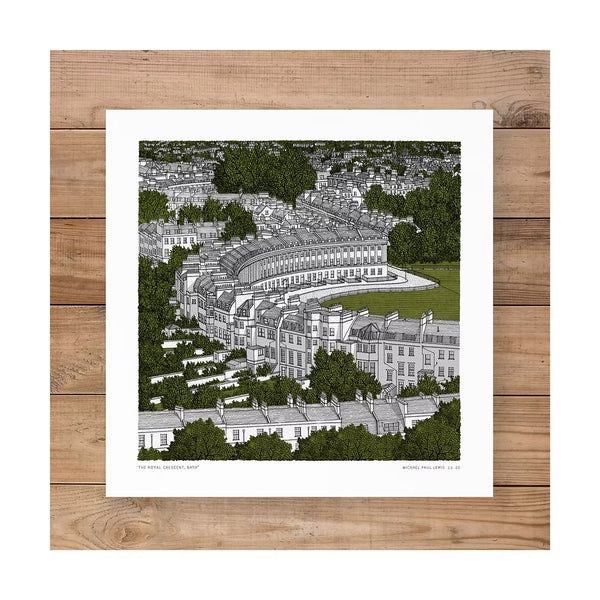 Illustration of the Royal Crescent in Bath on a wooden surface