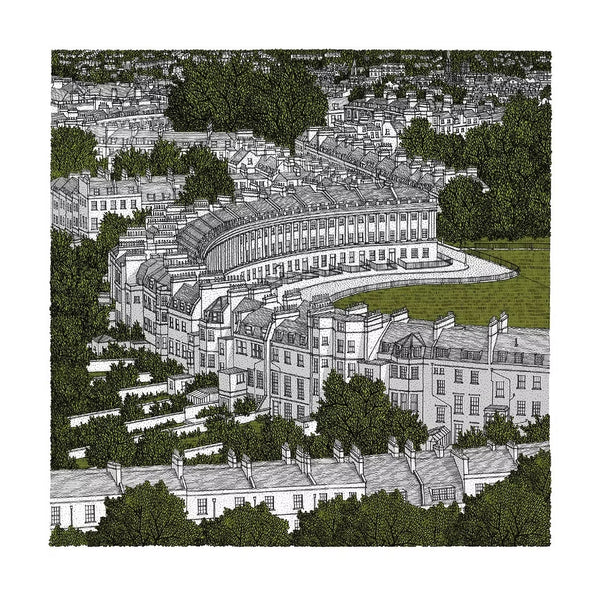 Illustration of the curved architecture of the royal Crescent in Bath, surrounded by trees and smaller buildings.