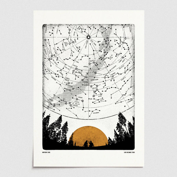 Star map poster with silhouette of two people watching a sunset over trees on a white background
