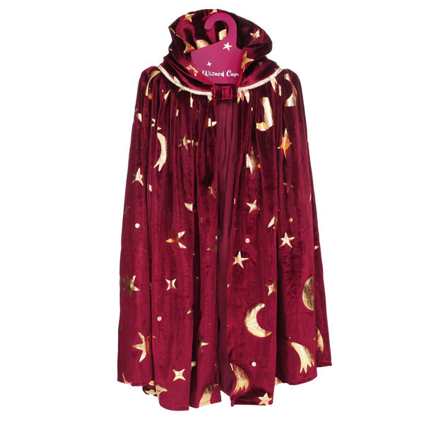 Red wizard cape with star and moon patterns on a white background