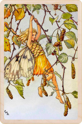 Fairy hanging from a branch with leaves in the background