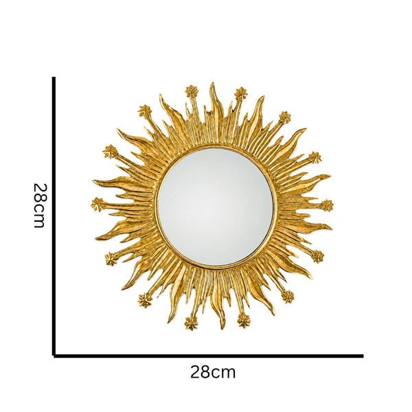 Gold sunburst wall mirror with a circular reflective center and radiating flame-like rays, shown on a white background with black dimension lines and text indicating 28cm height and width.