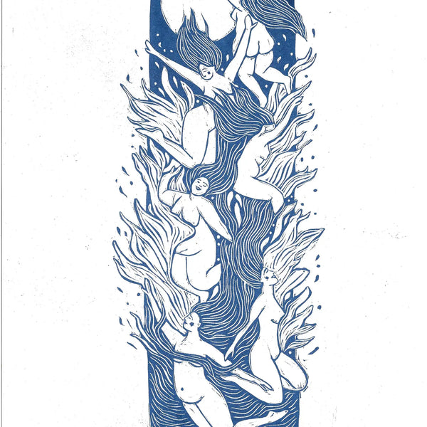 Print of women in the sea at moonlight