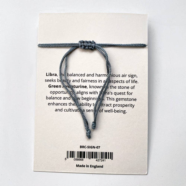 Bracelet on a card with Libra zodiac information on a white background