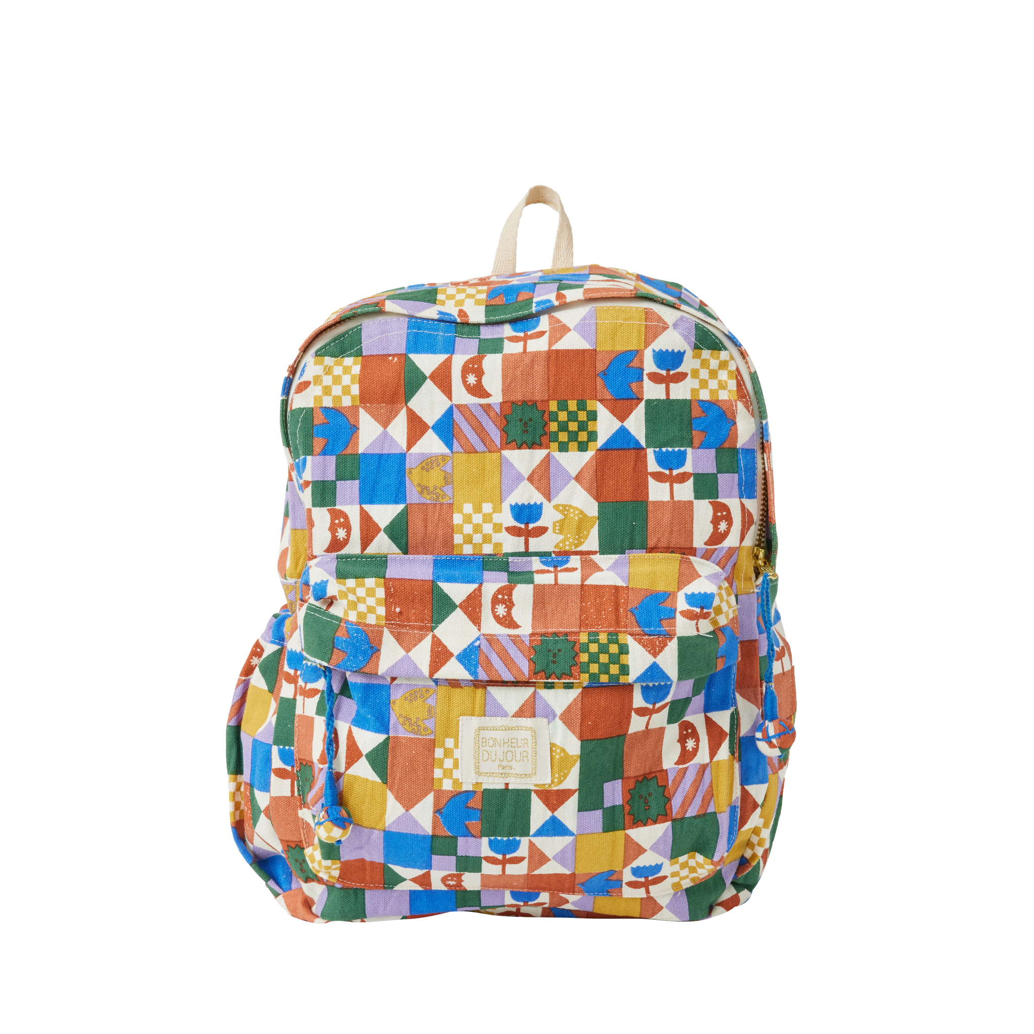 Colourful geometric-patterned backpack on a white background