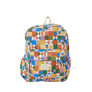 Colourful geometric-patterned backpack on a white background
