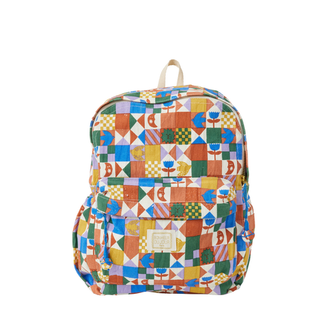 Colourful geometric-patterned backpack on a white background
