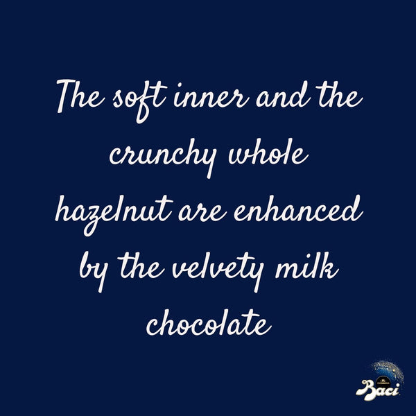 Text on a blue background describing chocolate flavour profile with Baci logo.