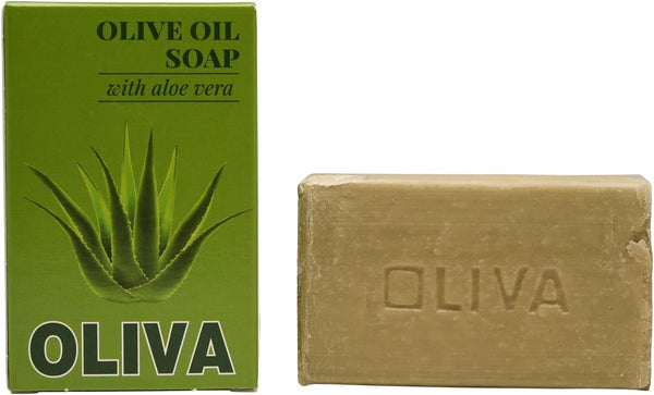 OLIVA olive oil soap with aloe vera next to its packaging on a white background