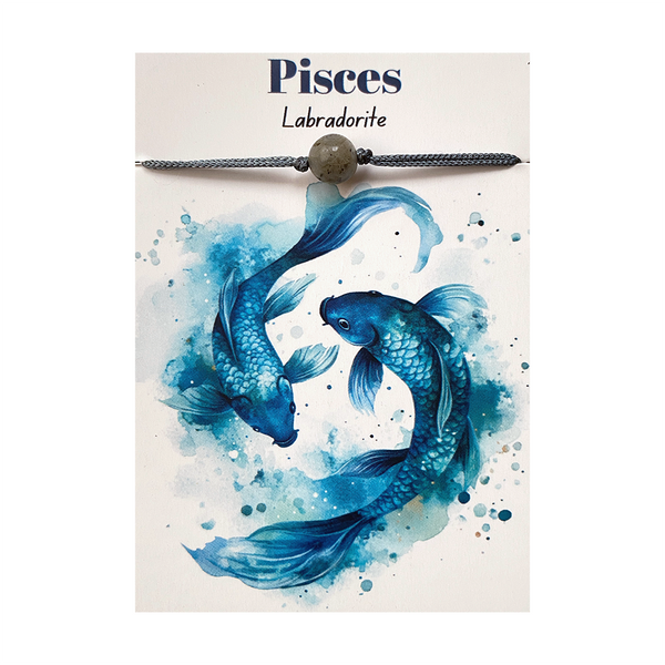 Pisces labradorite bracelet with blue fish design on a white background