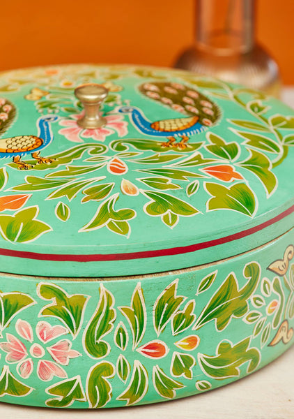 Hand Painted Indian Peacock Round Box - Namaste