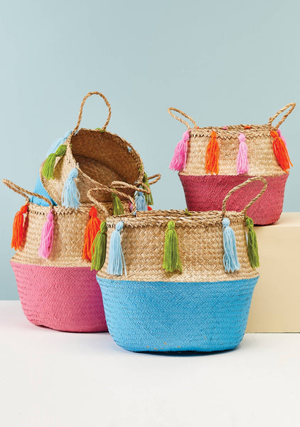 Pink Seagrass Basket With Tassels - Namaste