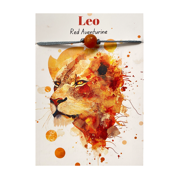 Leo Red Adventurine pendant with watercolor lion design on a white background