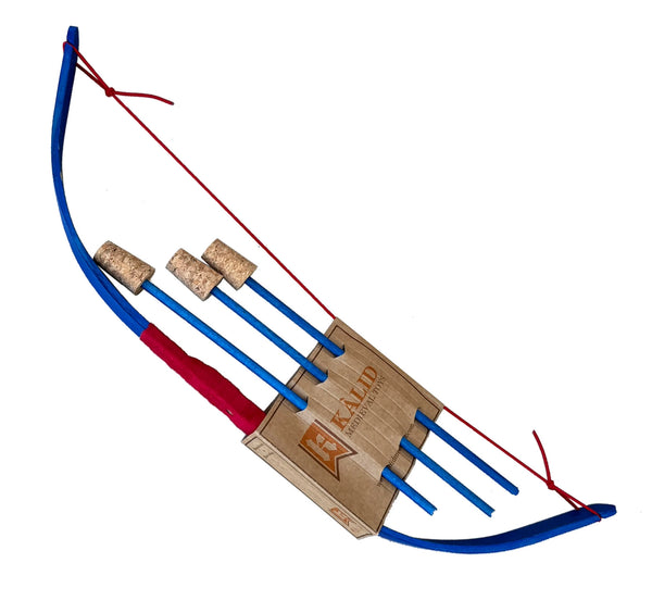 A wooden toy bow and arrow set on a plain white background. The bow is made of light-colored wood with blue curved limbs, red string, and three blue arrows with cork nocks.