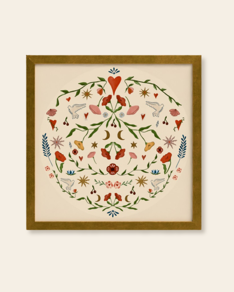Decorative wall art with floral and nature-themed design in a wooden frame on a beige background