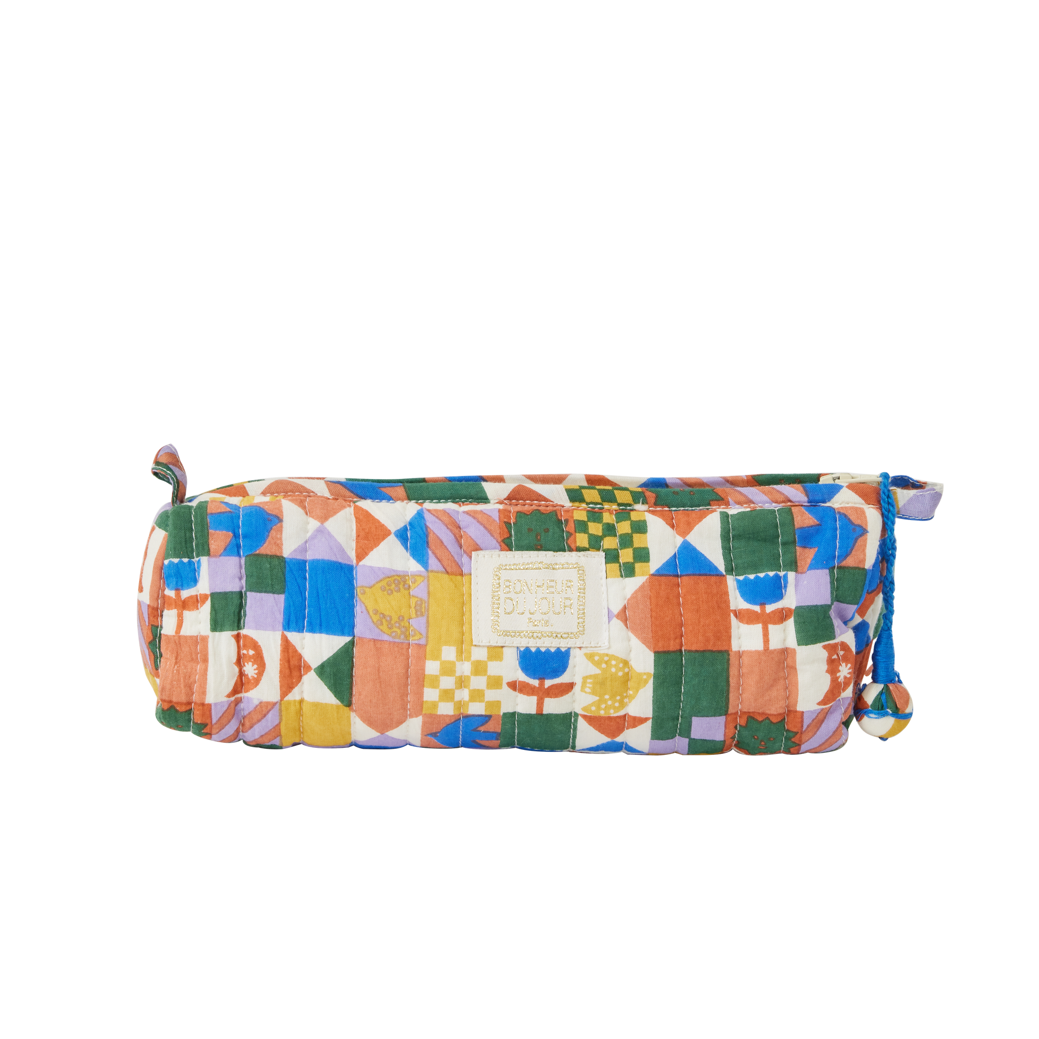 Colourful quilted pencil case on a white background