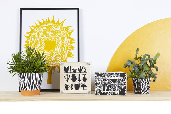 Decorative shelf with plants, framed artwork, and wall art on a white wall.