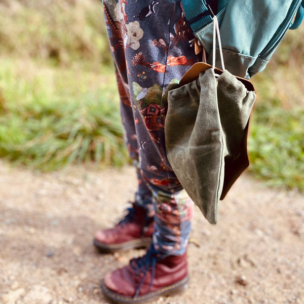Foraging Forest Green Canvas Drawstring Bag Pouch - Where The Wildlings Roam