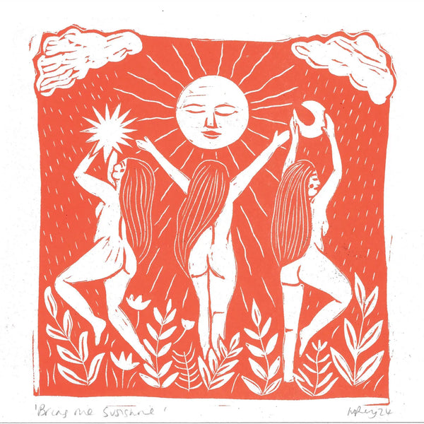 Artistic depiction of a sun with three figures and celestial elements on a red background.